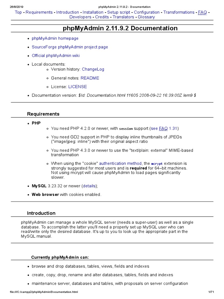PhpMyAdmin 2.11.9.2 - Documentation | PDF | Http Cookie | Web Server