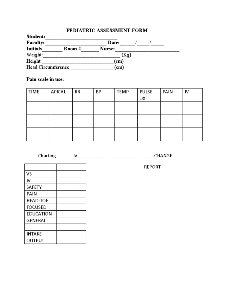 Pediatric Assessment Form Student: - Faculty: - Date ...
