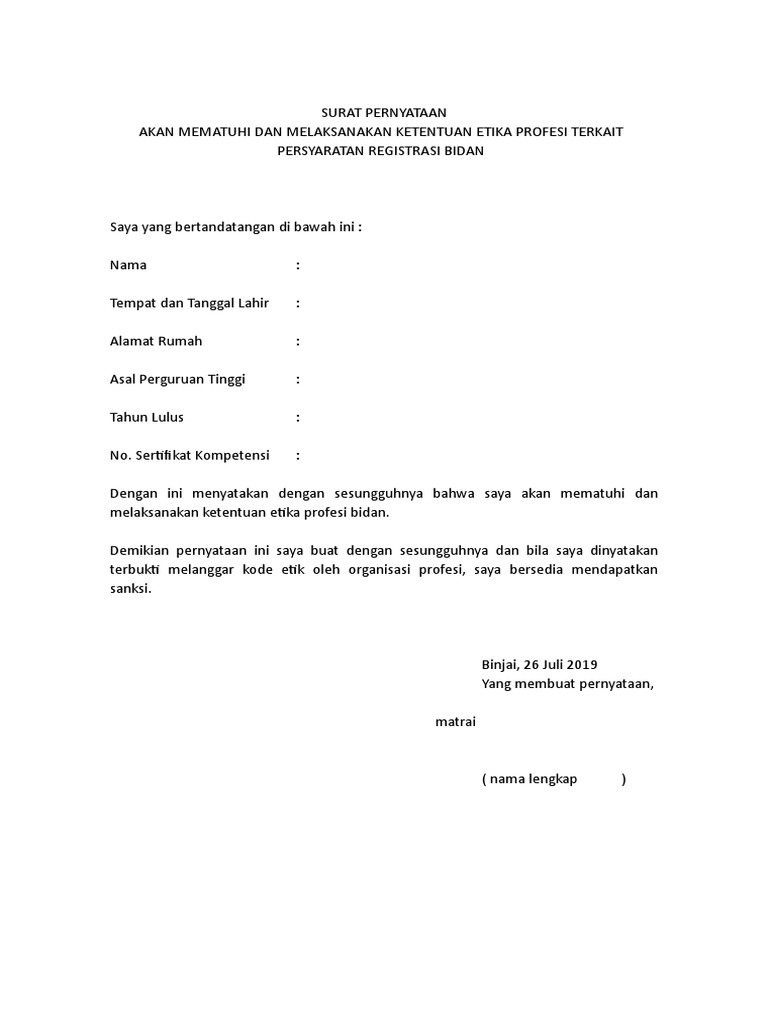 Surat Pernyataan Patuh Etika Profesi Bidan