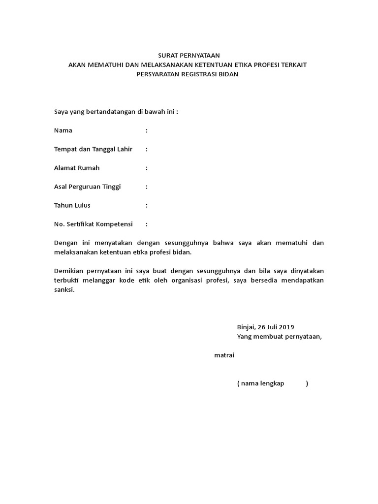 Surat Pernyataan Patuh Etika Profesi Bidan