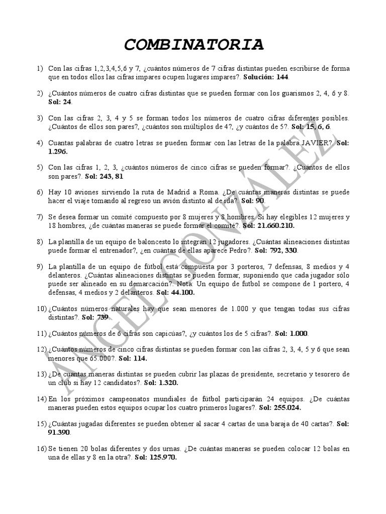 Problemas Combinatoria 4ESO | PDF | Asociación de Futbol | Deportes