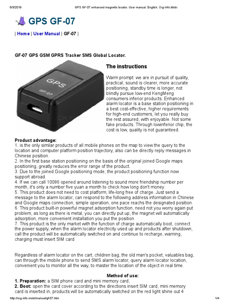 GPS GF07 Enhanced Locator. User Manual. English. OrgInfo