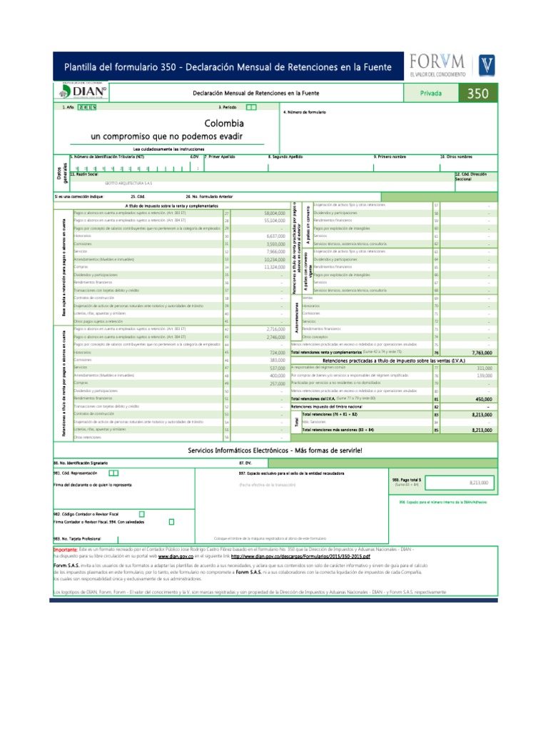 Plantilla Formulario 350 Declaracion de Retenciones en La Fuente