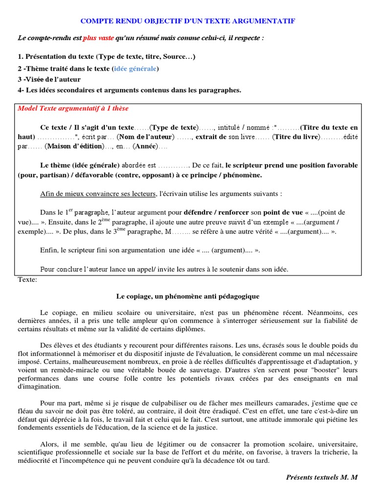 Compte Rendu Objectif d'un Texte Argumentatif | PDF | Enseignement ...