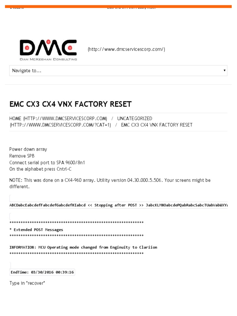 Emc Cx3 Cx4 Vnx Factory Reset Information Technology Management Computer Architecture