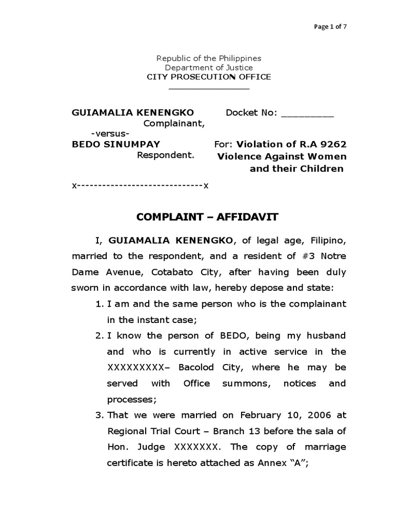 Sample Complaint Affidavit for Violation of RA 9262 Marriage Government