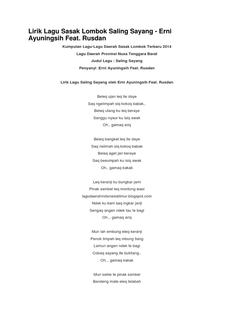 Lirik Lagu Saling Sayang Oleh Erni Ayuningsih Feat Rusdan