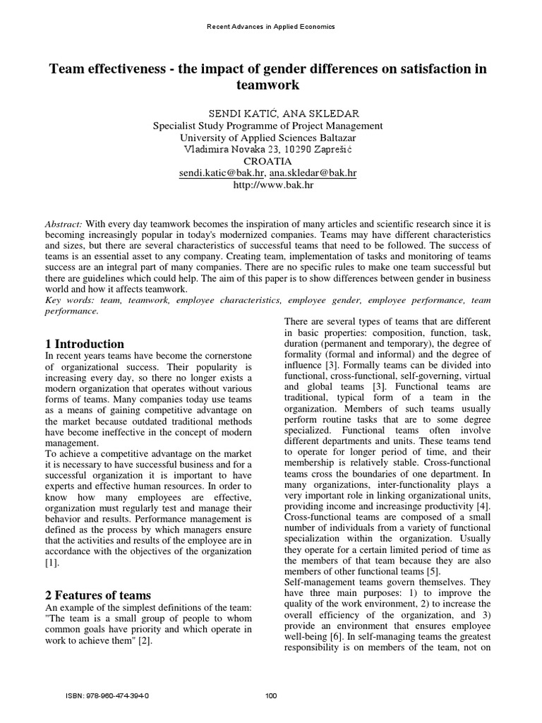 Team Effectiveness - The Impact of Gender Differences On Satisfaction ...