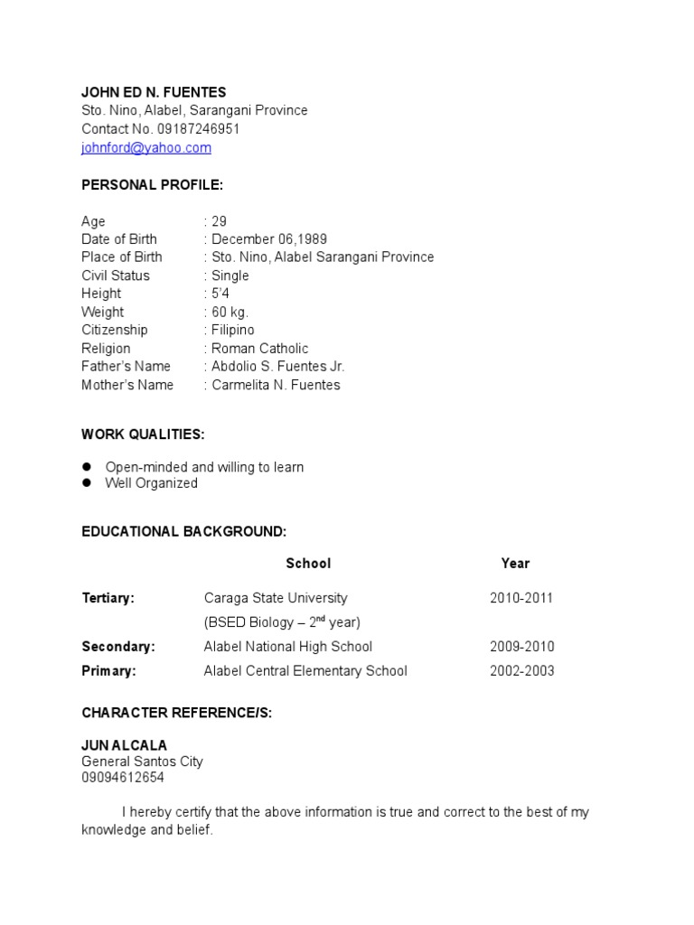 John Ed N. Fuentes - Personal Profile | PDF