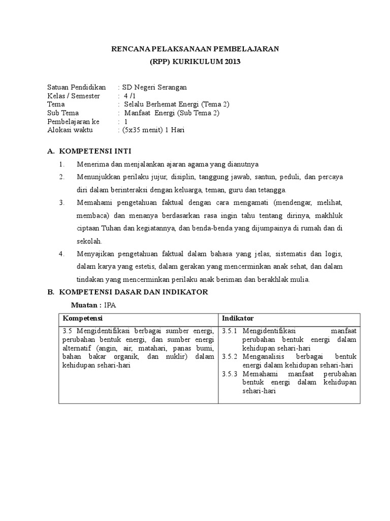 Rpp Kelas 4 Tema 2 Subtema 2 Pembelajaran 1