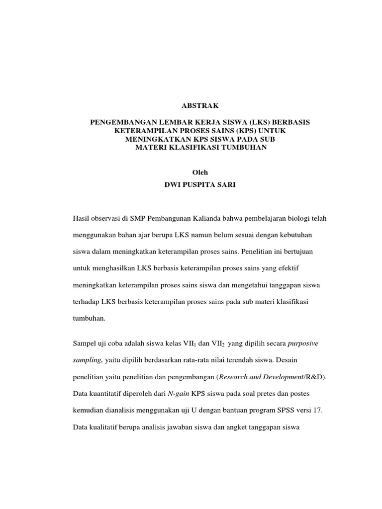 123dok Pengembangan Lembar Kerja Siswa Lks Berbasis Keterampilan Proses Sains Kps Untuk Meningkatkan Kp