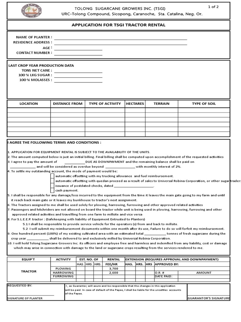 Application For Tractor Rental Form1 Sugarcane Plough
