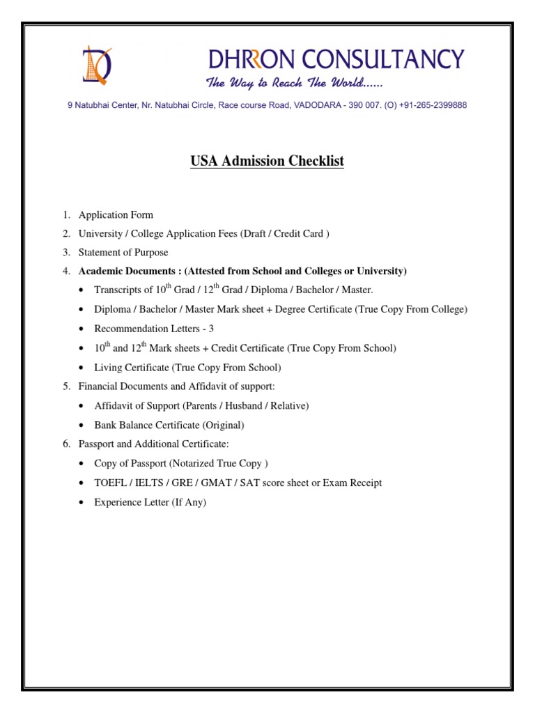 USA Admission Checklist: TH TH | PDF