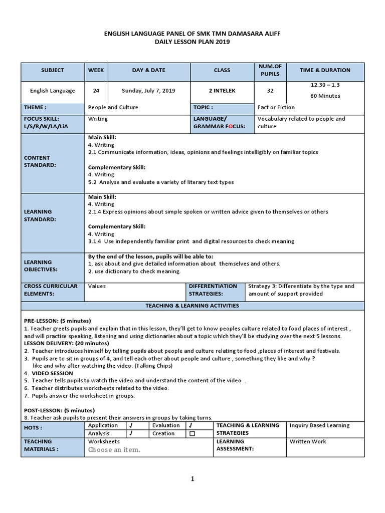 Form 1 Cefr Lesson Plan | PDF | Lesson Plan | English Language
