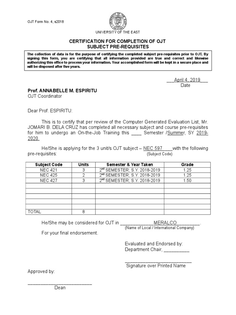 Certification For Completion of Ojt Subject Pre-Requisites: OJT Form No ...
