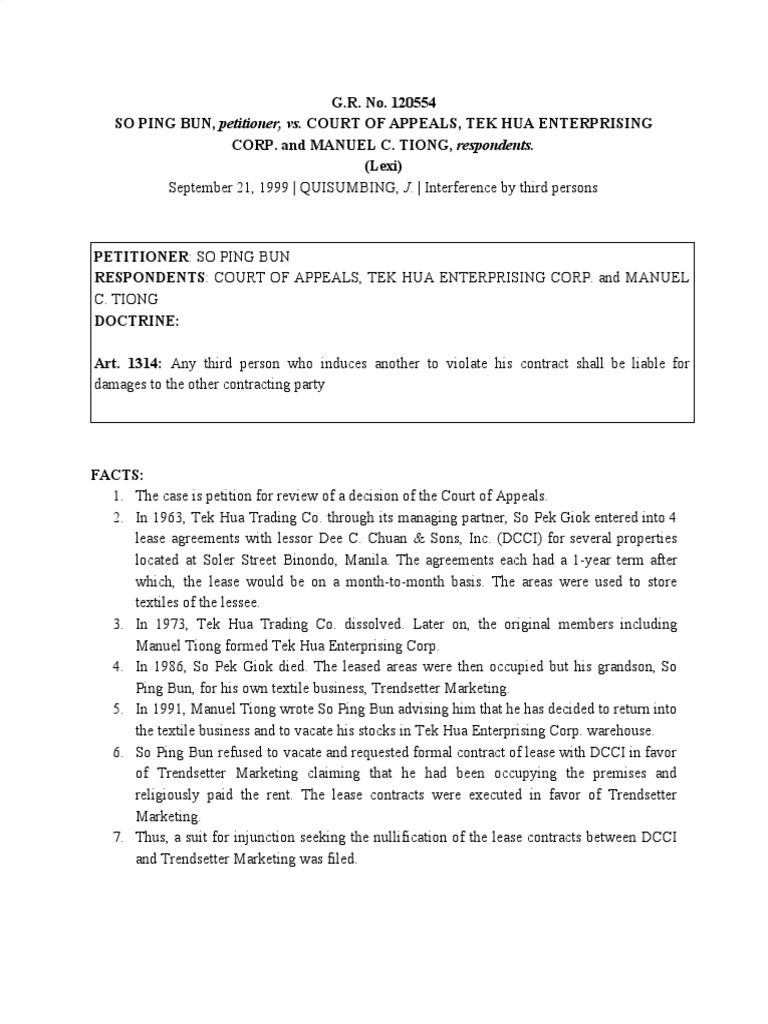 Interference of Contract Analyzed So Ping Bun v. Court of Appeals