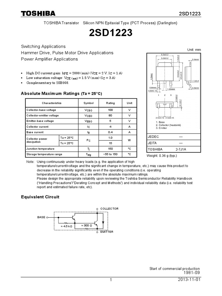 Toshiba 2SD1223 NPN Transistor Specs | PDF | Reliability Engineering ...