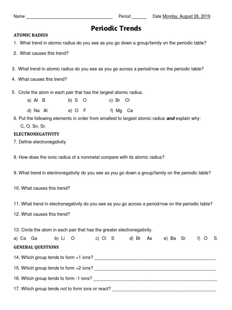 Periodic Trends Worksheet Chemical Elements Ion