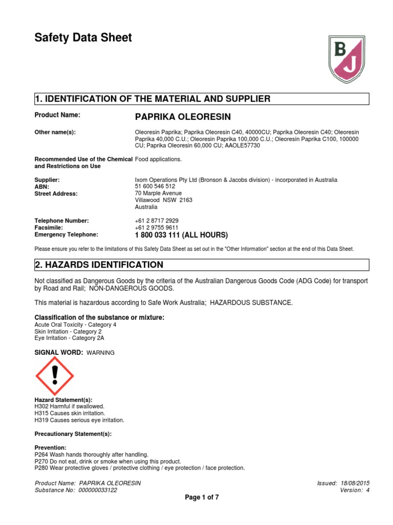 MSDS Paprica Oleoresin PDF Dangerous Goods Toxicity