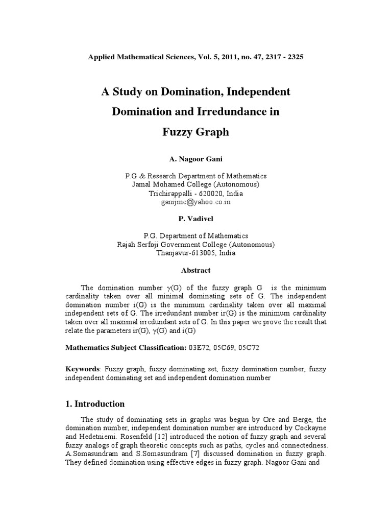 Domination in Fuzzy Graphs Explained | PDF | Vertex (Graph Theory ...