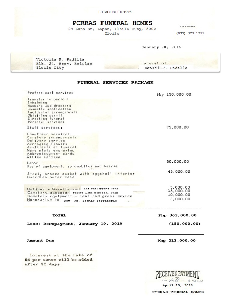 Billing Statement Funeral Parlor PDF Economy Of The Philippines