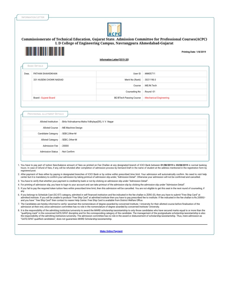 Seat Allotment Letter | PDF | Fee | Postgraduate Education