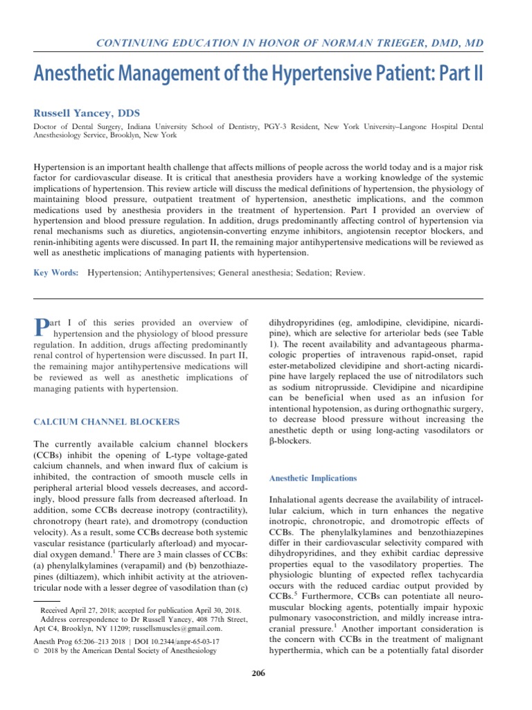 Anesthetic Management of The Hypertensive Patient Part II Continuing