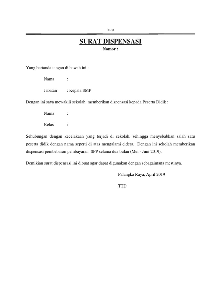 Contoh Surat Dispensasi Pembayaran Uang Sekolah artishanews