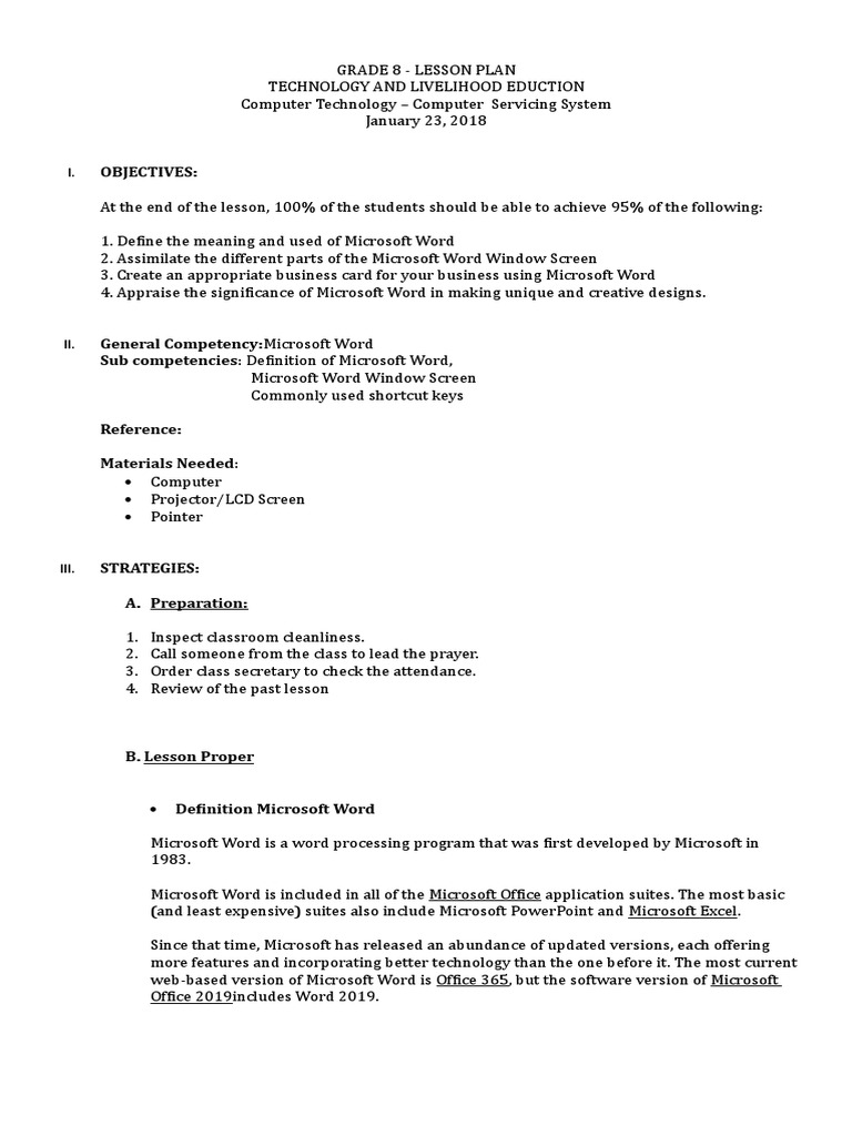 Grade 8 Lesson Plan MICROSOFT WORD | PDF | Double Click | Microsoft Word