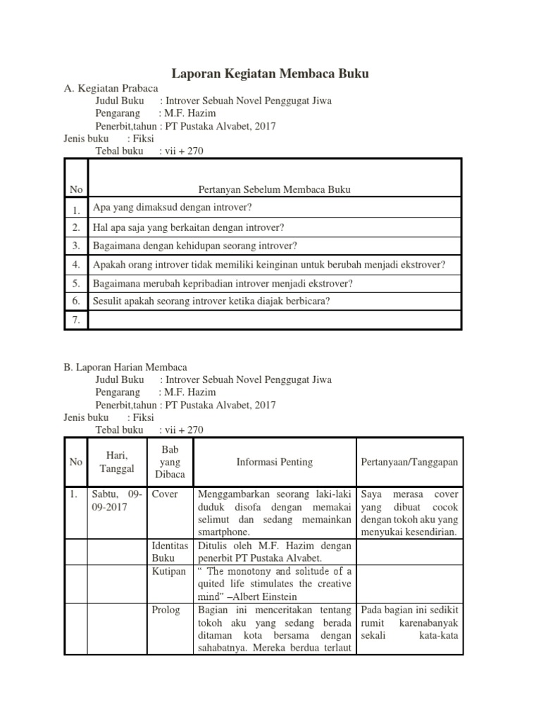Contoh Laporan Kegiatan Membaca Buku Fiksi Cara Golden