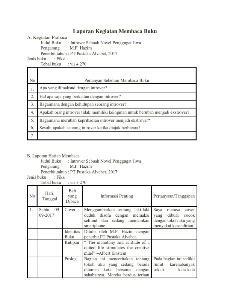 Laporan Kegiatan Membaca Buku Pdf