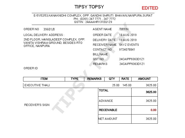 Tipsy Topsy Executive Thali Invoice | PDF | Business Documents | Accounting