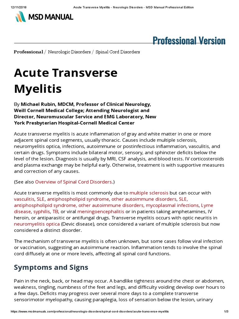 Acute Transverse Myelitis - Neurologic Disorders - MSD Manual ...