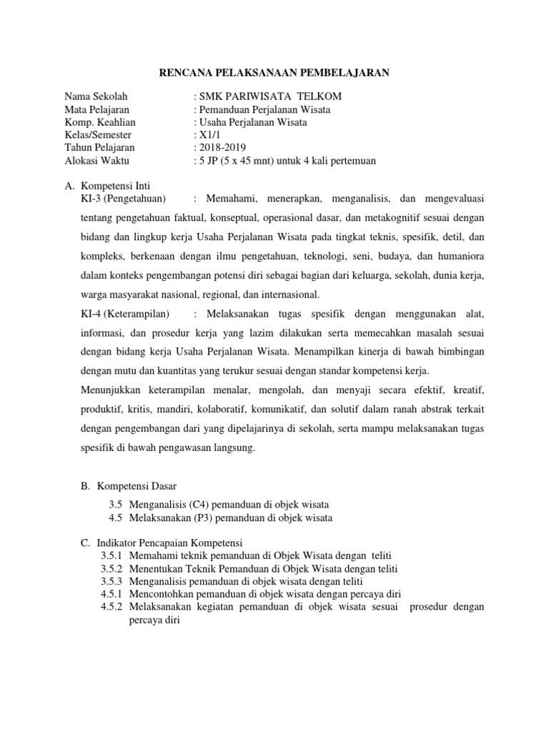 Rpp Kelompok Pemanduan Objek Wisata