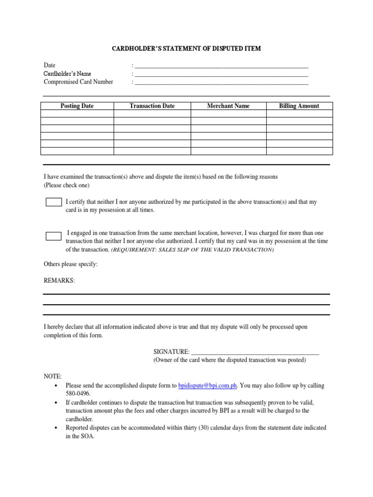 Disputed Transaction Form for Cardholders | PDF