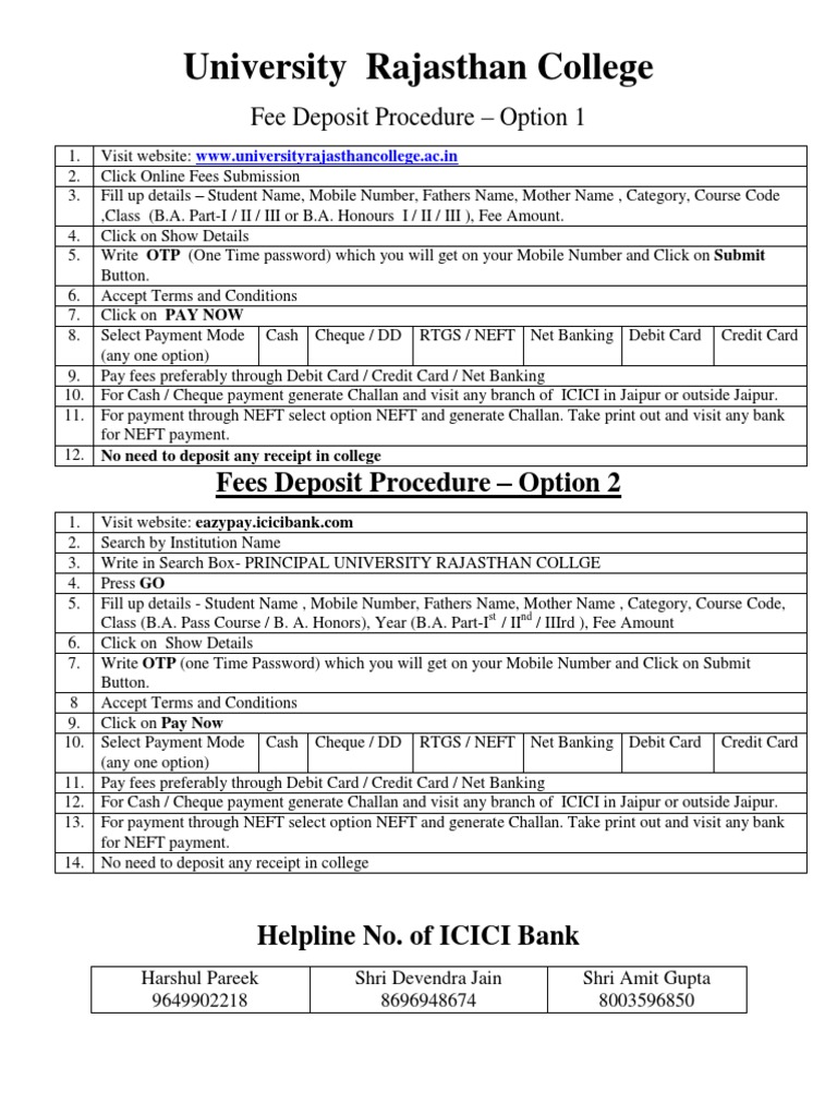 University Rajasthan College: Fees Deposit Procedure - Option 2 | PDF