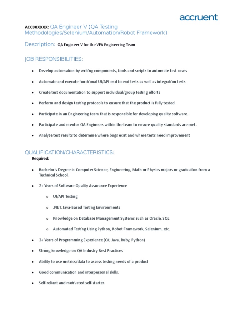 QA Engineer V (QA Testing Methodologies/Selenium/Automation/Robot