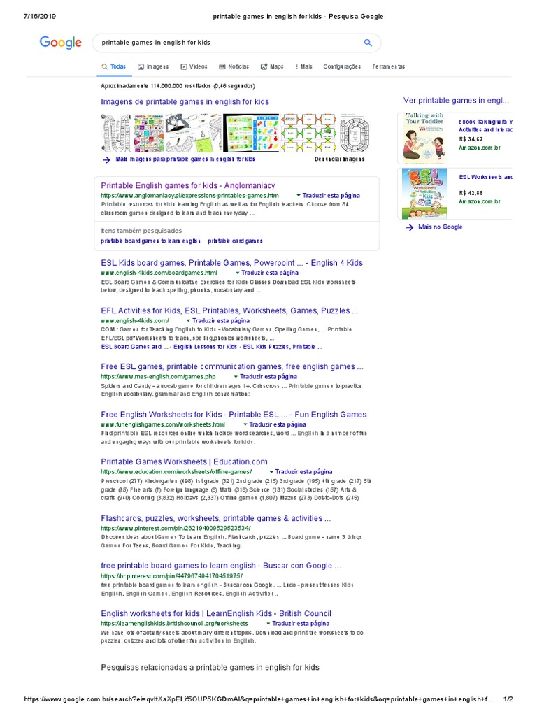 Printable English Games for Kids | PDF | English As A Second Or Foreign ...