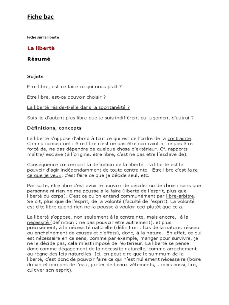 Fiche De Revision La Liberte Philo 55 Fiche Bac Sur La Liberté | PDF | Liberté | Libre arbitre