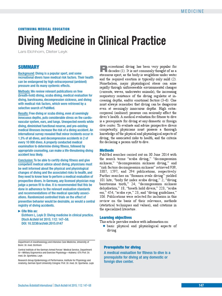 Diving Medicine in Clinical Practice: Lars Eichhorn, Dieter Leyk | PDF ...