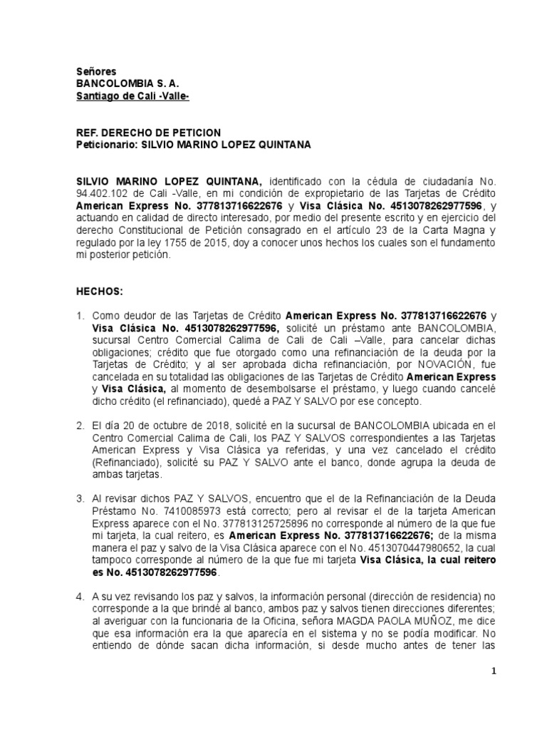 Derecho De Peticion Bancolombia Visa Inc Tarjeta De Crédito