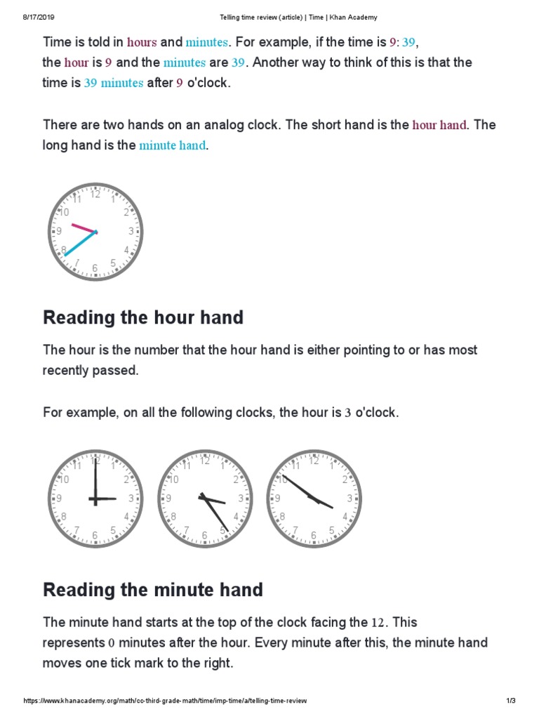Telling Time Review (Article) Time Khan Academy PDF Clock Hour