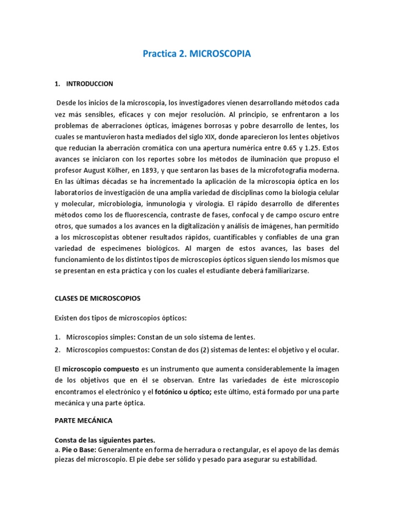 Practica 2 Uso Y Manejo Del Microscopio Pdf óptica Microscopía