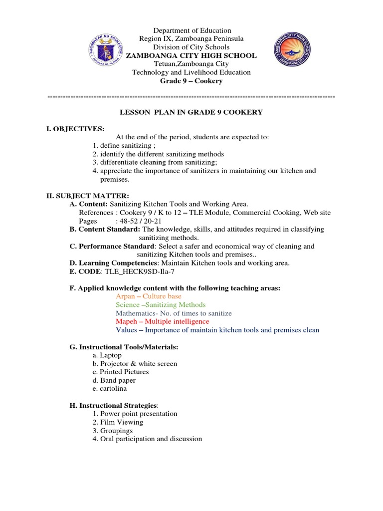 Lesson Plan Cleaning & Sanitizing Lesson Plan Kitchen