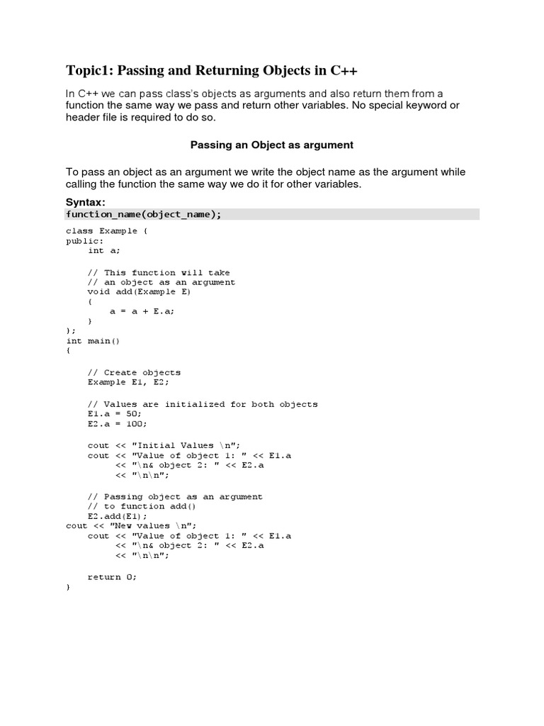 Topic1: Passing and Returning Objects in C++: Passing An Object As ...