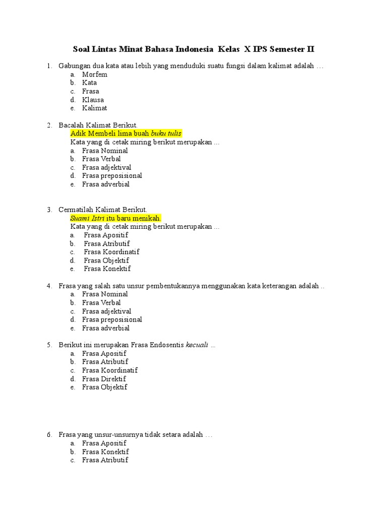 Soal Lintas Minat Bahasa Indonesia Kelas X Ips Semester Ii