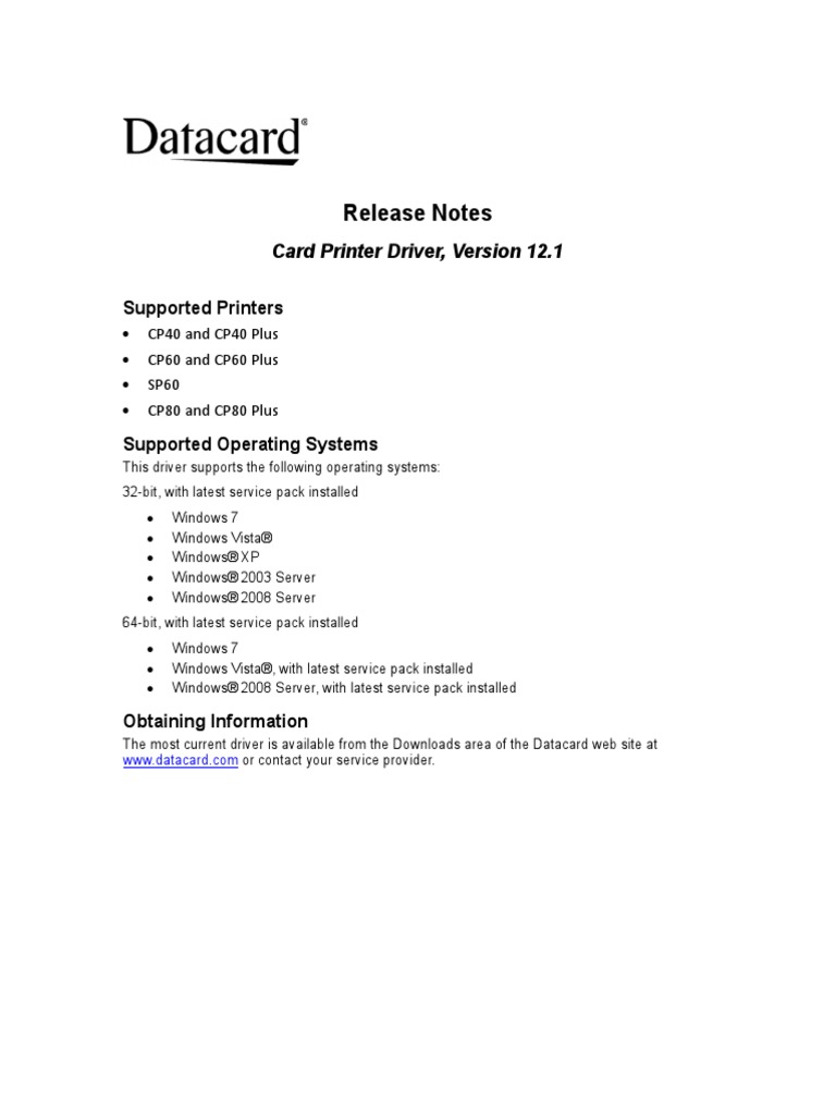 Release Notes: Card Printer Driver, Version 12.1 | PDF | Computers