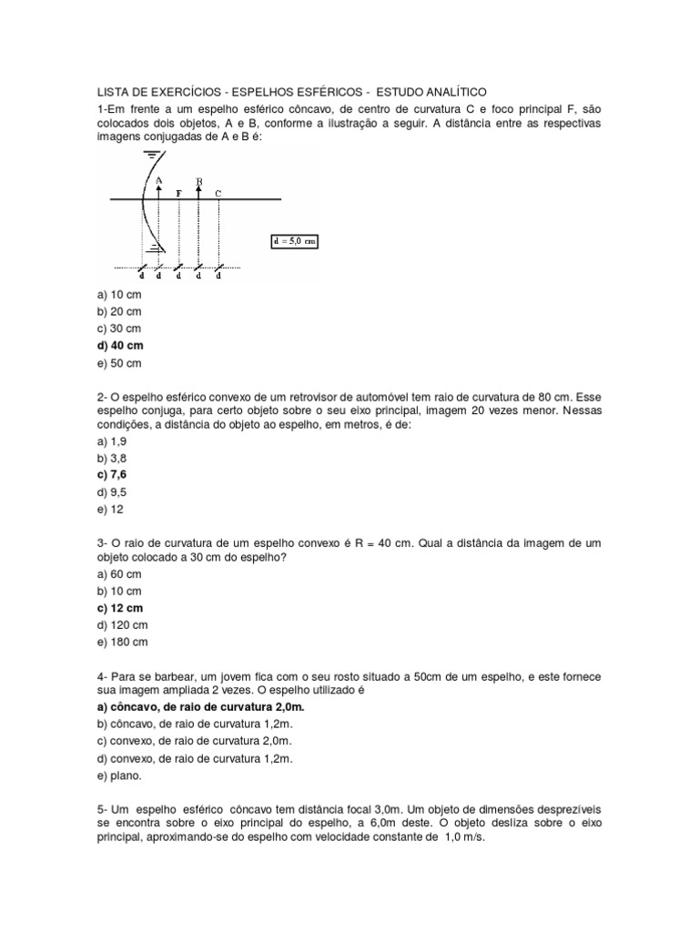 Exercícios sobre Espelhos Esféricos | PDF | Espelho | Filosofia Natural