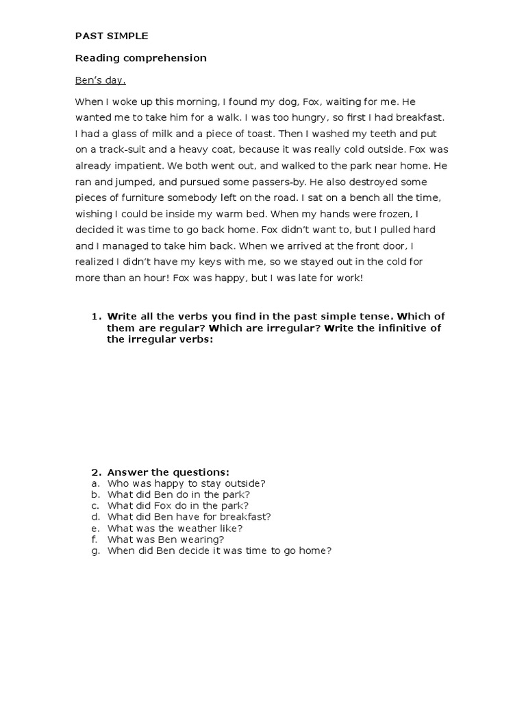 Worksheet Simple Reading Comprehension past simple reading exercise
