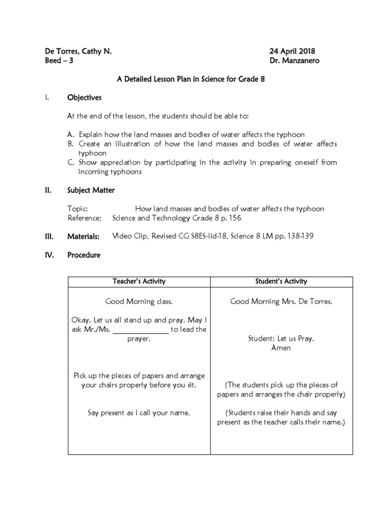 Detailed Lesson Plan: Typhoons in Grade 8 Science | PDF | Tropical ...